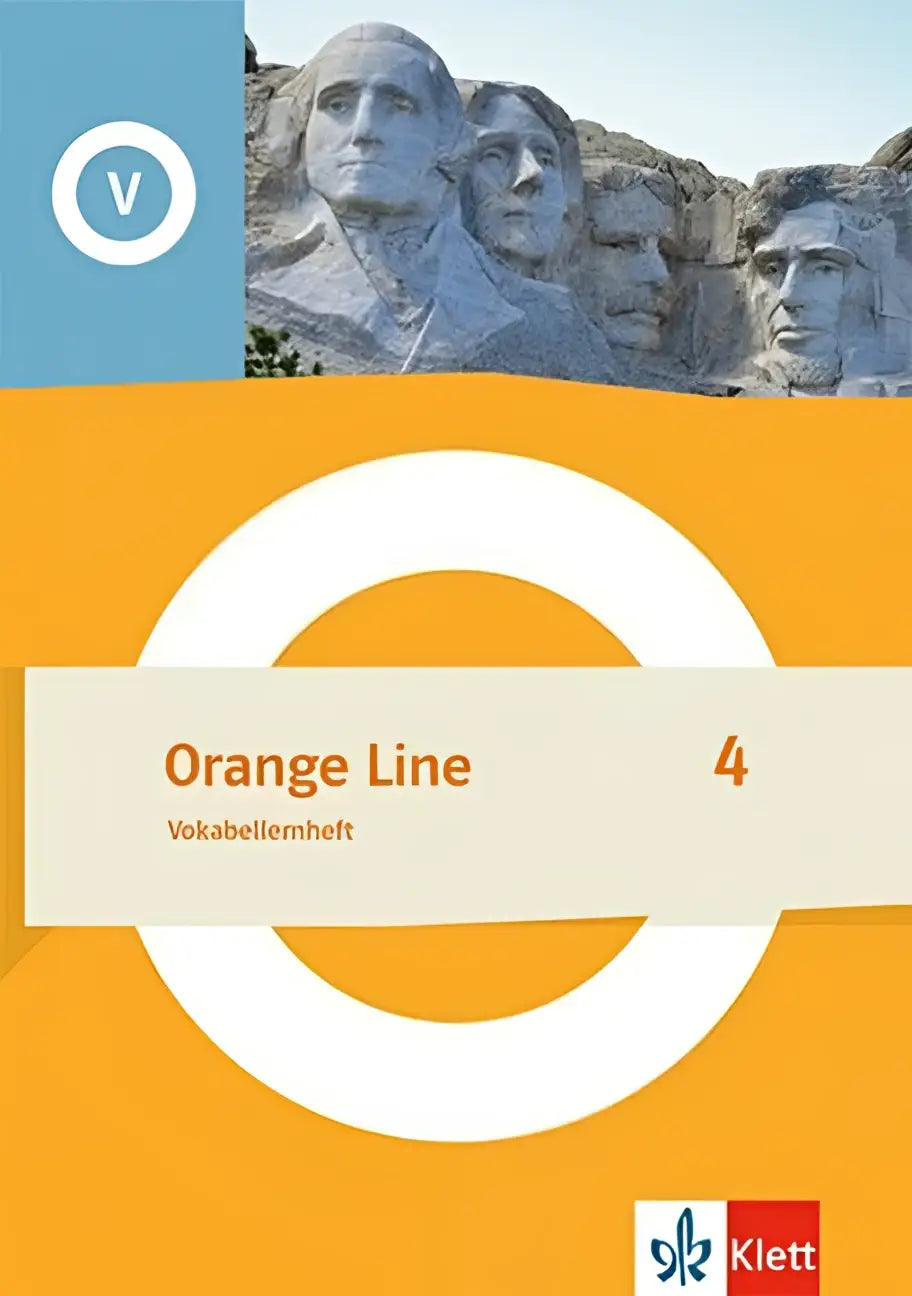 Orange line 4 vokabellernheft klasse 8 met stone carving van mount rushmore en klett logo op oranje kaft