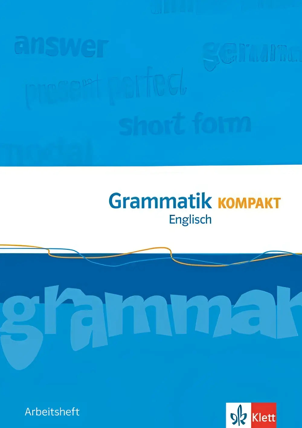 Blauwe en witte omslag van grammatika compact engels werkboek van klett voor orange line mittleres niveau voor alle scholen