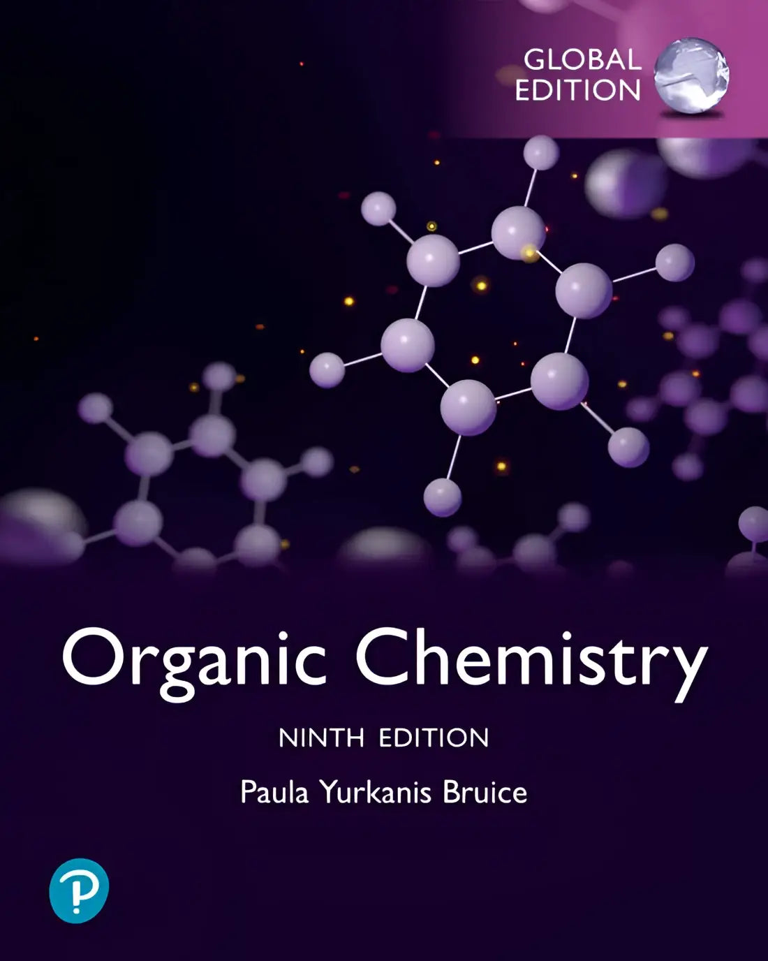 De cover van de global edition gids organische chemie 9de editie toont een donkerpaarse achtergrond met moleculaire structuren