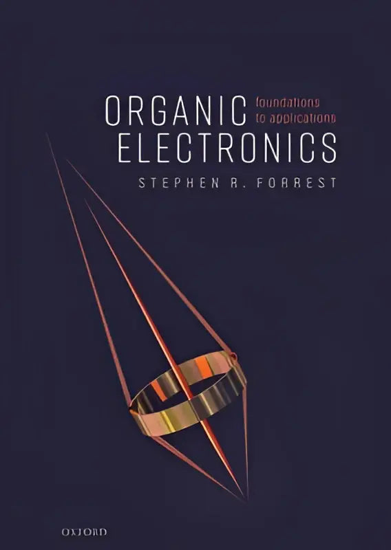 De boekcover van organic electronics foundations to applications toont een geometrische draadframe structuur in goud en koper tinten op een donkerblauwe achtergrond