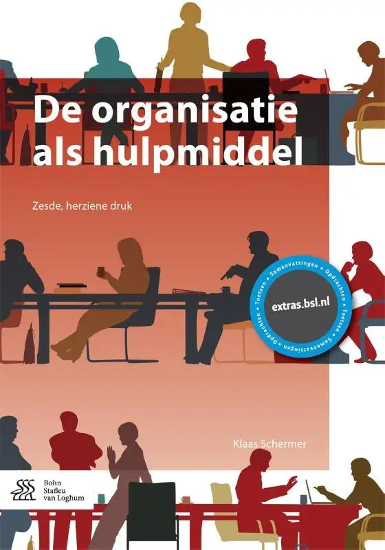 De cover van het boek de organisatie als hulpmiddel door klaas schermer met gestileerde silhouetten in rood en oranje, bsl media, algemene sociale wetenschappen