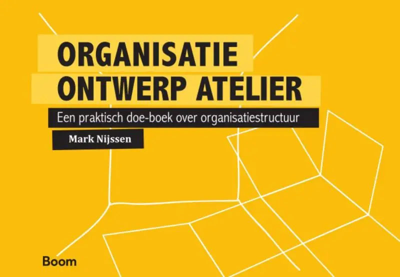 Fel geel praktisch doeboek organisatie ontwerp atelier met zwarte tekst en minimaal geometrisch lijnontwerp
