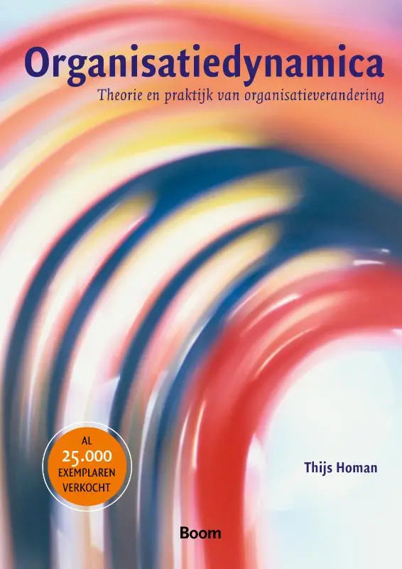 De boekcover van organisatiedynamica toont een kleurrijk abstract ontwerp met rood oranje geel en blauw op wit