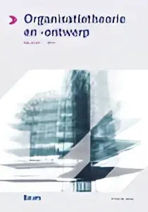 De cover van het boek organisatietheorie en ontwerp van koninklijke boom uitgevers toont een modern abstract ontwerp in grijs en wit