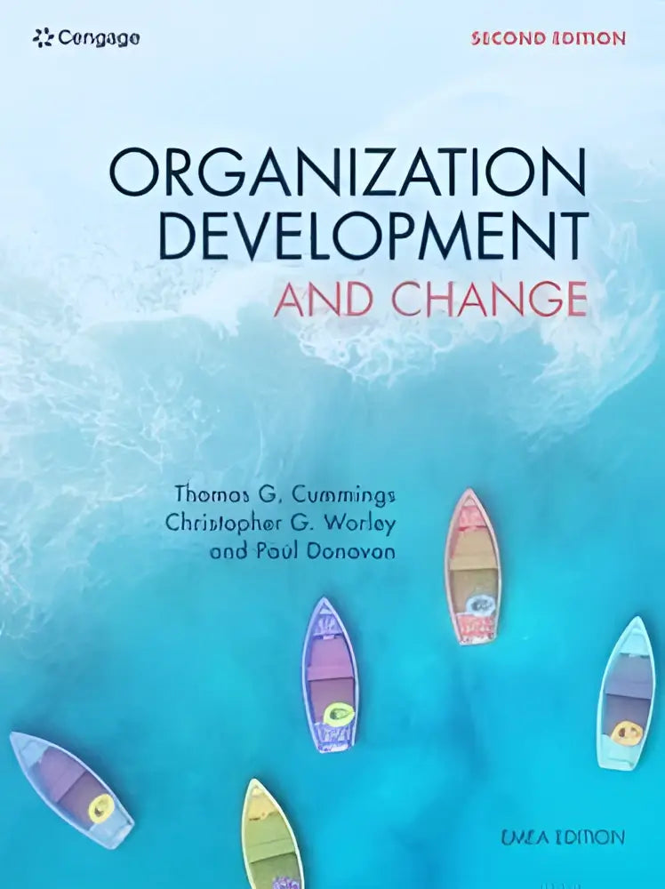 De boekomslag van organization development and change toont kleurrijke kayaks op een turquoise achtergrond en vermeld neoma business school