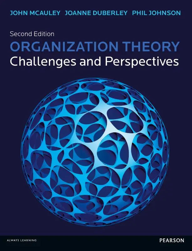 Donkerblauwe tekstboek omslag met blauwe geometrische bol voor organisation theory uitdagingen en perspectieven