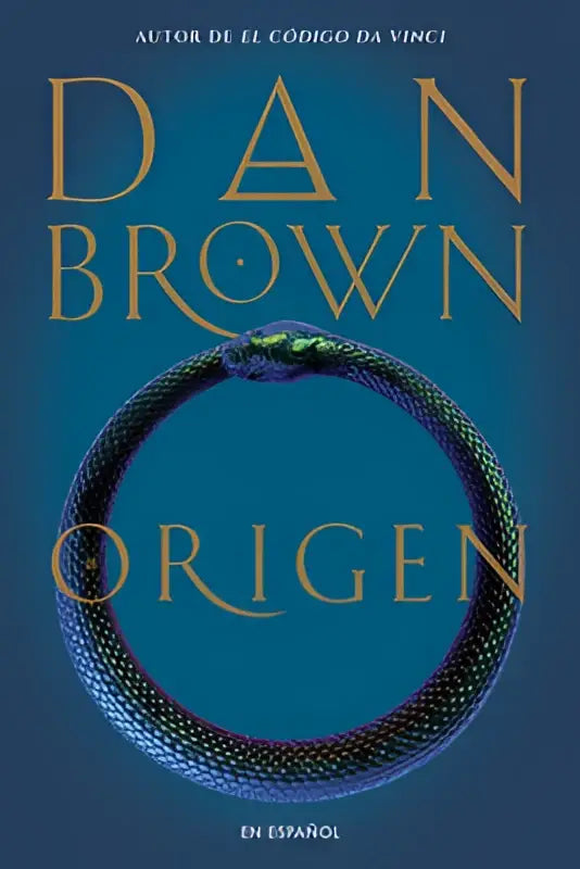 De boekcover van Origen Origin heeft een donkerblauwe achtergrond met gouden letters en een metalen slang in een ring