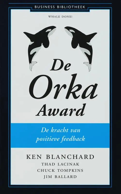 De orka award boekomslag met twee zwart witte orka walvissen boven de titel en een blauwe banner met nederlandse tekst