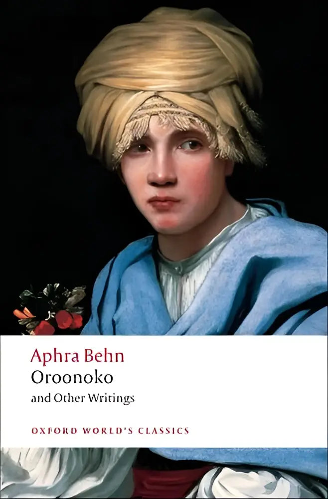 De boekomslag van oroonoko door aphra behn toont een klassieke man in lichte tulband en blauwe mantel