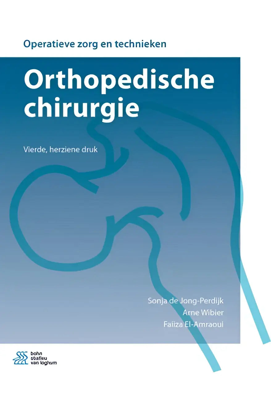 Blauwe boekcover van orthopedische chirurgie met gestileerde kniecontour en auteurs arne wibier en faiiza el-amraoui