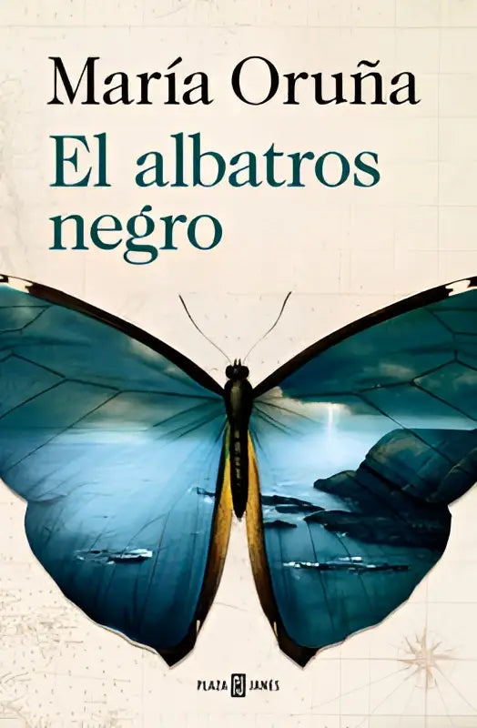 Een opvallende blauwe vlinder met gedetailleerde vleugelpatronen op de cover van the black albatross door maría oruña