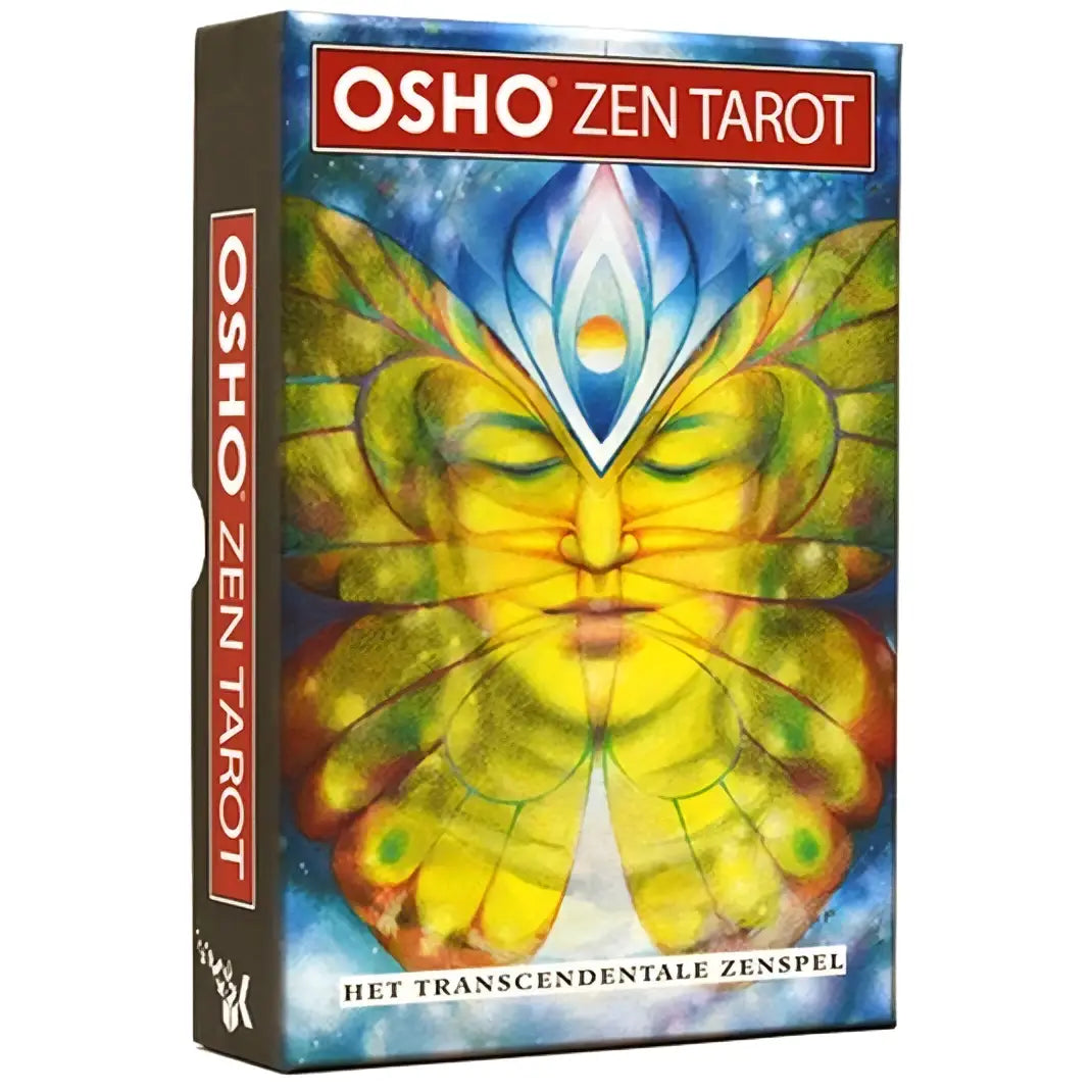 Osho zen tarot set met levendig gestileerd gezicht en vlindervleugels in geelgroene tinten op kosmische blauwe achtergrond