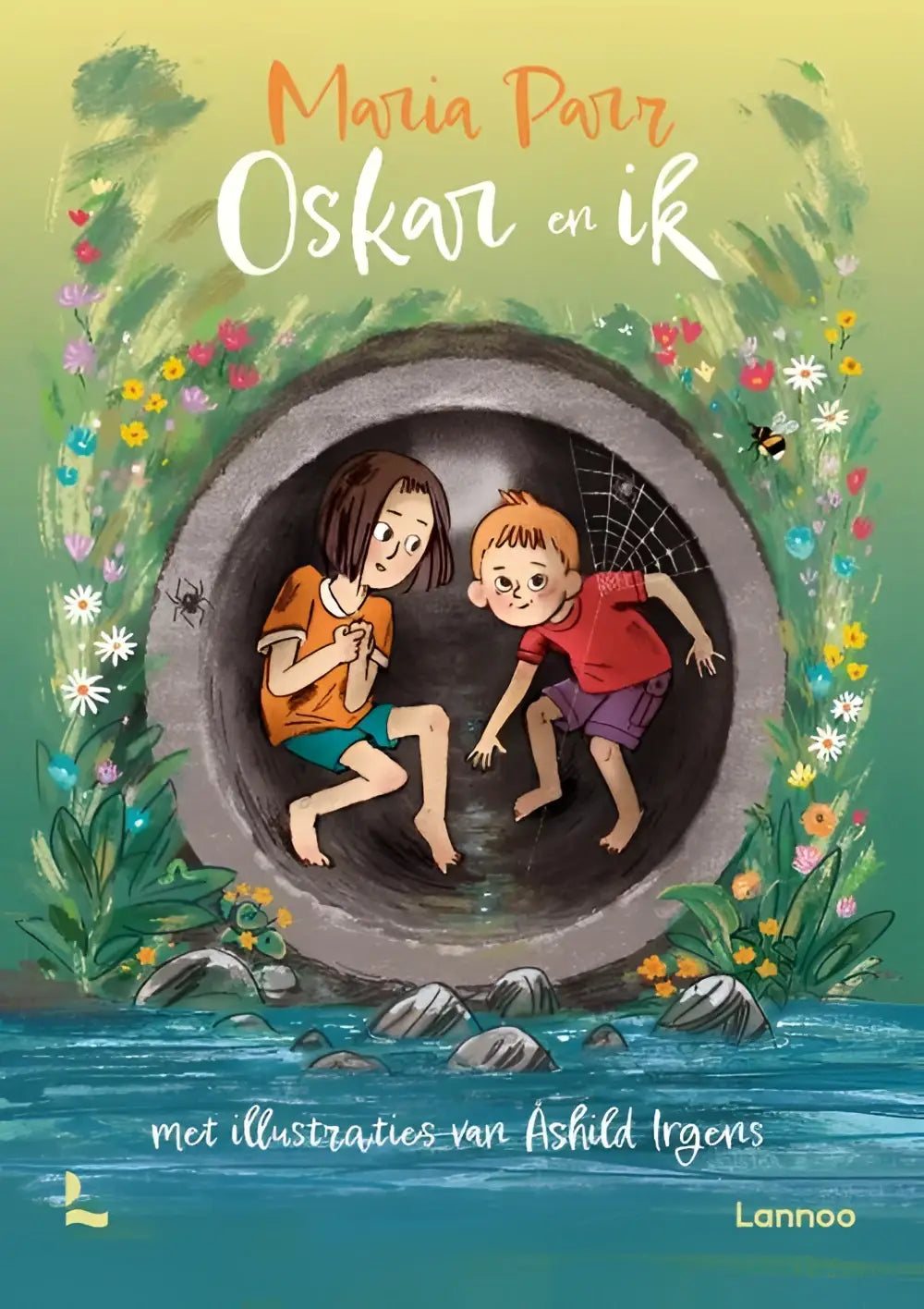 Illustrated nederlandstalig hardback kinderboek oskar en ik door maria parr met twee kinderen in een kleurrijke tuin