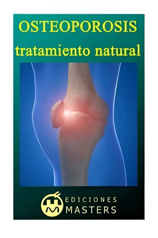 De voorkant van een spaans boek osteoporose tratamiento natural met een illustratie van een kniegewricht in rood op blauw