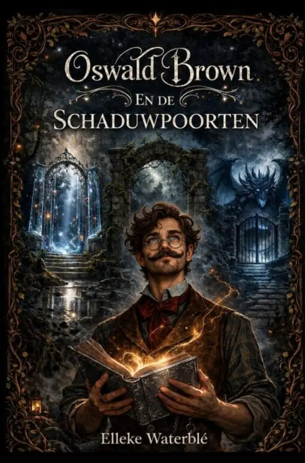 De boekomslag van oswald brown en de schaduwpoorten toont een donkere, sierlijke vormgeving met een man en een gloeiend boek