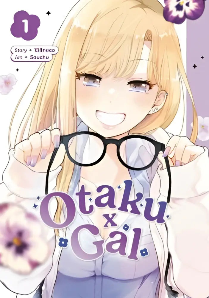 Een animefiguur houdt een paar zwartgerande glazen met heldere lenzen vast in otaku x gal 01