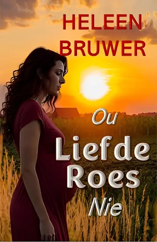 Een vrouw in een dieprode jurk staat gesilhouetteerd tegen een levendige oranje zonsondergang bij liefde roes nie
