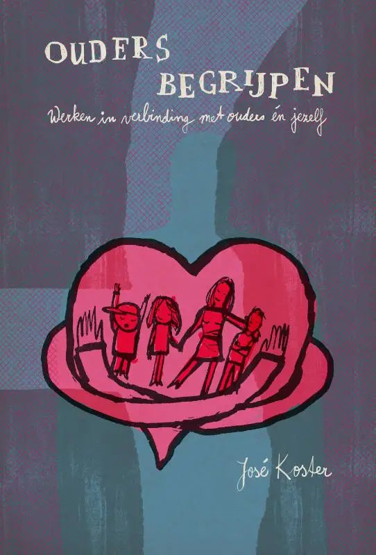Een levendige roze hartvormige illustratie met gestileerde kinderen en volwassene op een getextureerde blauwe achtergrond voor ouders begrijpen