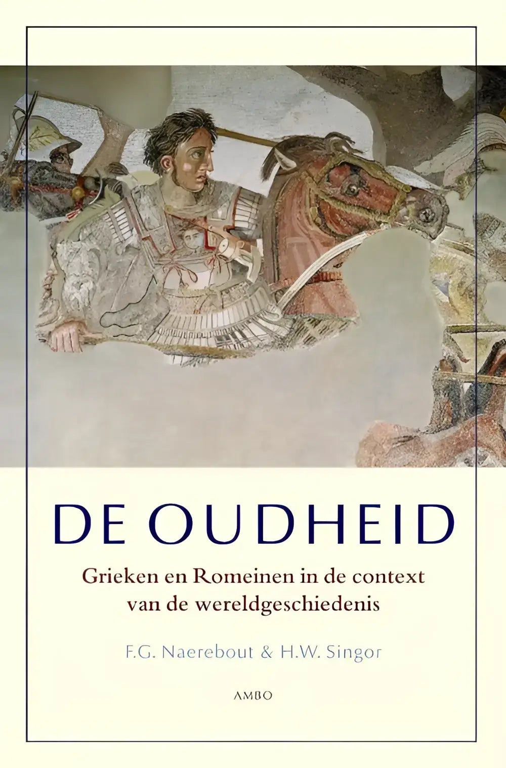 Boekcover van de oudheid met een klassieke mozaïek van een romeinse soldaat te paard op verweerde stenen achtergrond