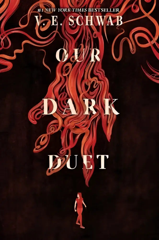 De boekcover van our dark duet door v.e. toont een donkere, sfeervolle omslag gericht op jonge lezers