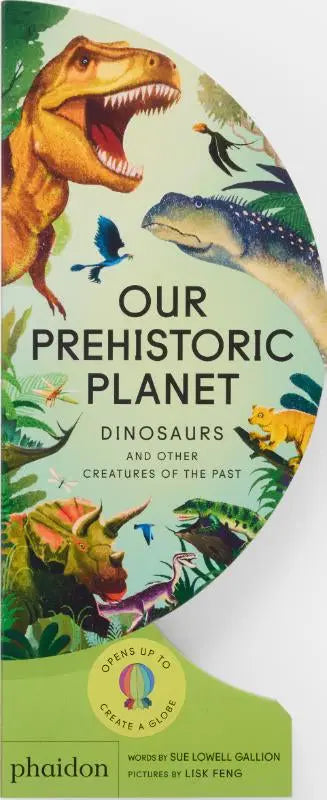 De omslag van het kinderboek our prehistoric planet toont kleurrijke gedetailleerde dinosaurus en andere wezens in een groene jungleomgeving