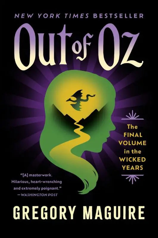 De boekcover van out of oz door gregory maguire toont een groene vrouwensilhouet en een gele draak tegen paars