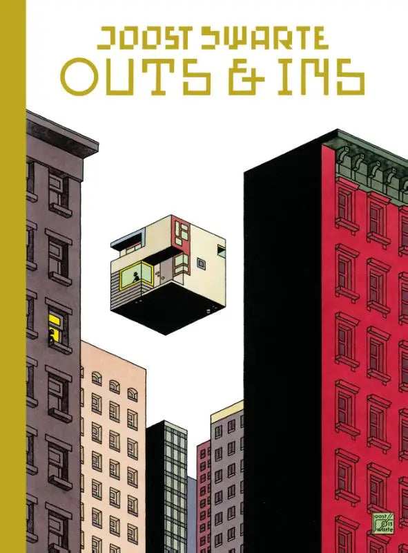 Floating beige and red apartment building with black base illustrated in stylized comic book art style in outs & ins