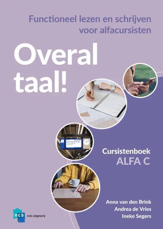 Paars omslag tekstboek overal taal voor alfa c cursisten gericht op functioneel lezen en schrijven