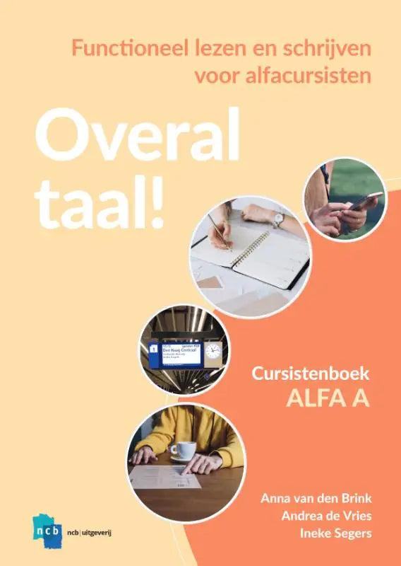 De cover van het cursusboek overal taal met een zachte perzik en oranje achtergrond voor functioneel lezen