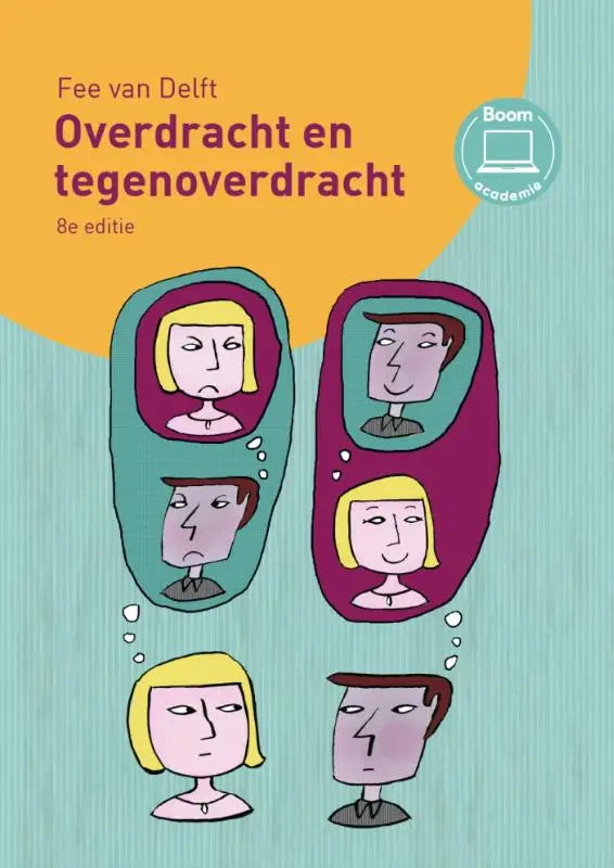 De boekomslag van overdracht en tegenoverdracht toont een oranje en teal achtergrond met cartoongezichten en het therapeutisch fenomeen vertaald