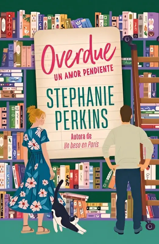 De boekcover van overdue door stephanie perkins toont een levendig ontwerp met de titel in roze en groene letters voor amor pendiente