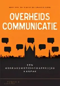 Boekomslag Overheidscommunicatie met oranje achtergrond, witte tekst overheids communicatie en skyline