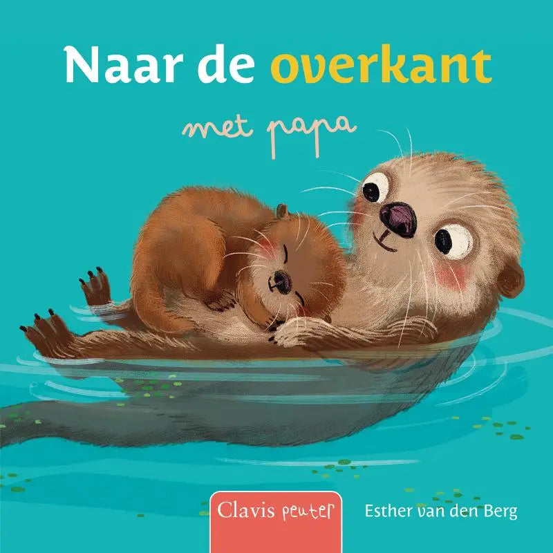 Schattige geïllustreerde cover van kinderboek naar de overkant met papa met twee otters in turquoise water voor jonge lezers