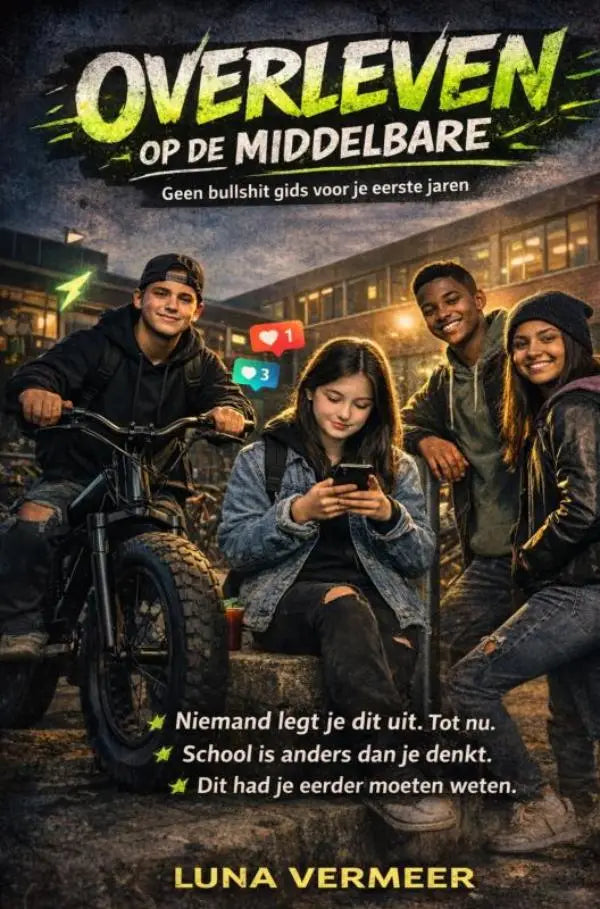 De boekcover van overleven op de middelbare voor jonge lezers toont een groene en zwarte stijl met een distressed textuur