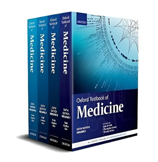 The oxford textbook of medicine four-volume set with blue and white hardcover bindings featuring anatomical diagram on cover