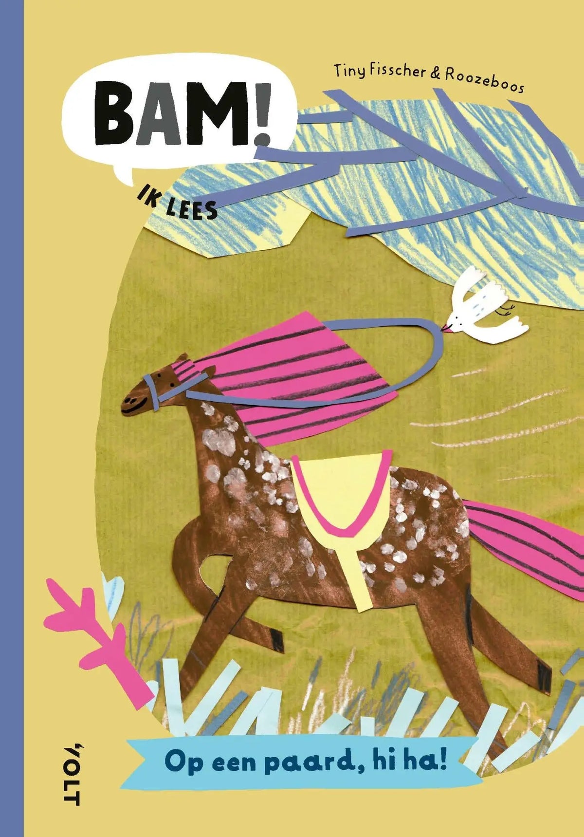 Een kleurrijke illustratie van kinderboekOp een paard hi ha met een bruine paard met witte spikkels en roze gele zadeluitrusting, tiny fisscher waargebeurde verhalen