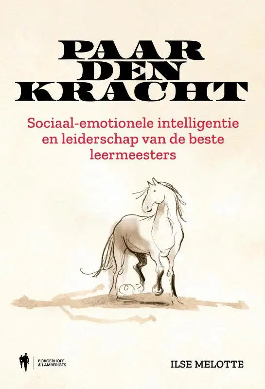 Minimalistische lijntekening van een wit paard met golvende manen op een licht beige achtergrond voor paardenkracht
