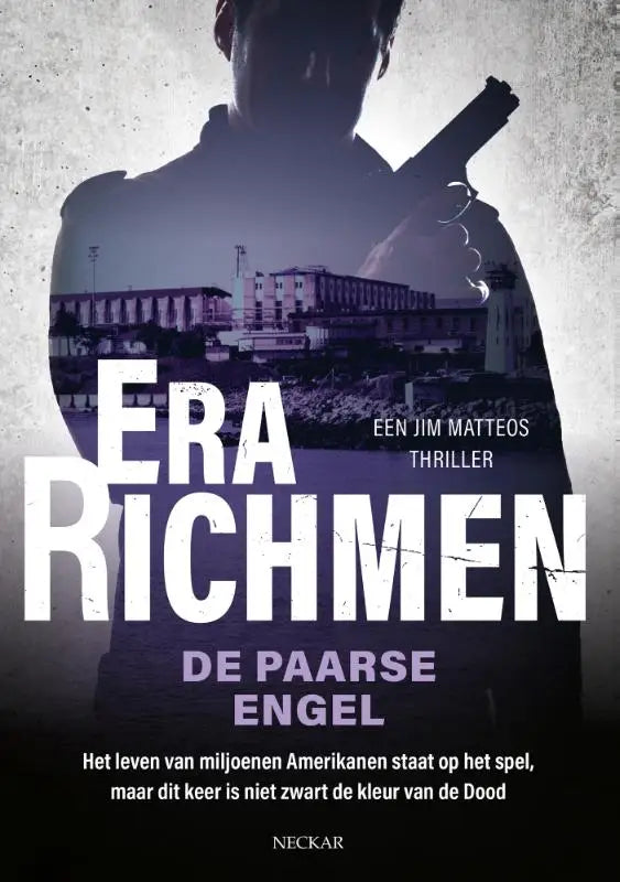 De boekcover van De paarse engel toont de titel met een man silhouet en een gebouw op de achtergrond