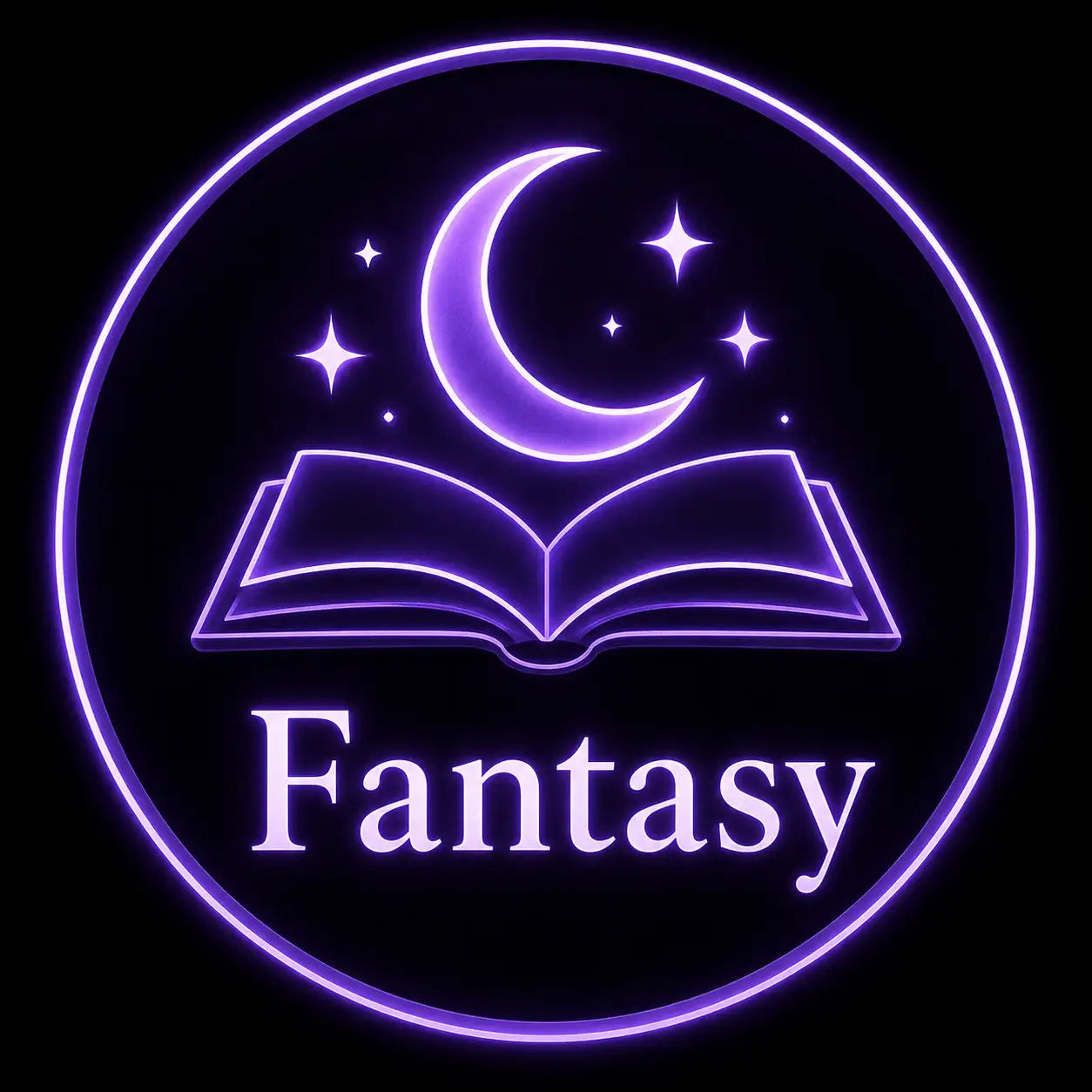 Paarse neon cirkelvormige logo met een open boek onder een halve maan en sterren, met het woord ‘fantasy’ dat eronder wordt verlicht.