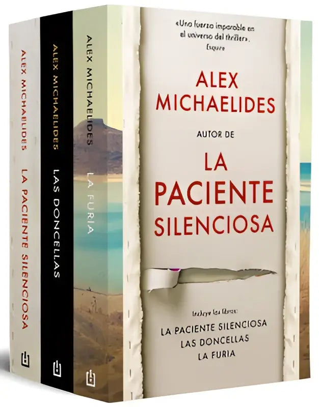 Set alex michaelides met drie hardcover boeken beige omslag met gescheurde randen en rode letters inclusief paciente silenciosa