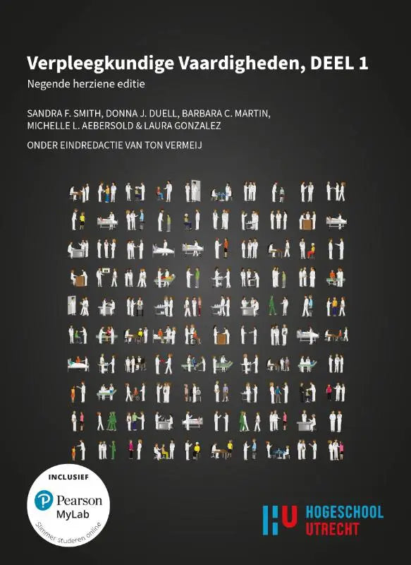Zwarte leerboekcover met een raster van kleurrijke medische figuren en de titel verpleegkundige vaardigheden deel 1 pearson mylab in pack verpleegkundige vaardigheden