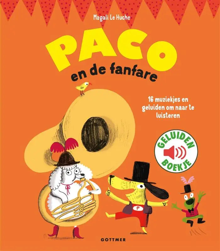 Vibrant oranje kinderboek cover paco en de fanfare met cartoon dieren en audioboek sticker voor jonge lezers