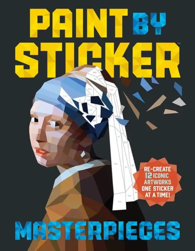 A geometrically stylized paint by sticker book cover featuring one sticker artwork of johannes vermeer girl with a pearl earring