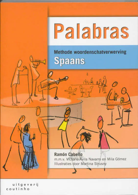 Oranje-blauwe cover Palabras Spaans leerboek met dans, muziek en socializing