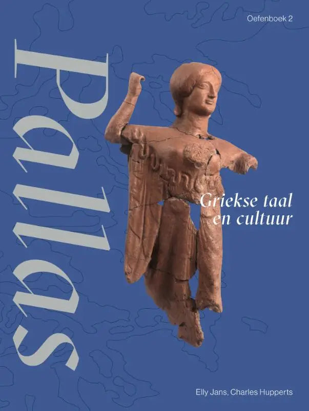 Terracotta kleurige oude griekse beeld van gedrapeerde figuur met opgeheven arm voor griekse taal studie