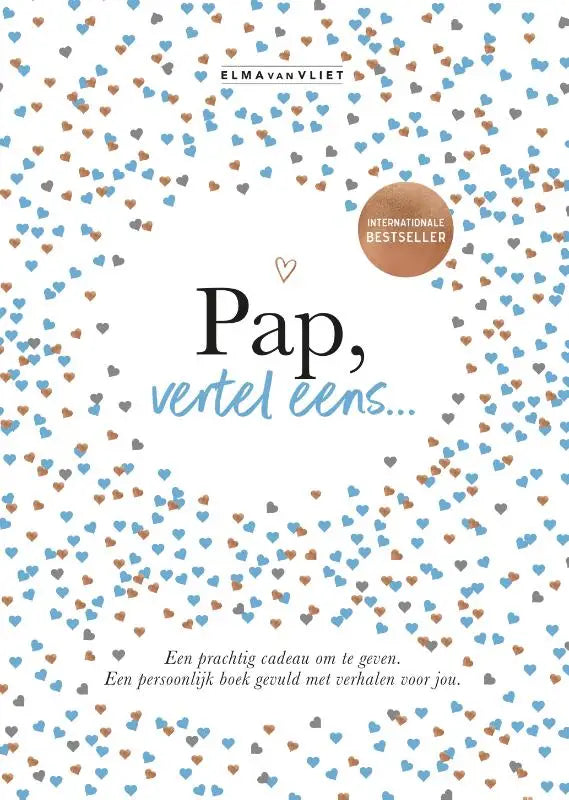Een witte boekomslag met blauwbruine en grijze hartjes en de titel vertel pap pap vertel eens