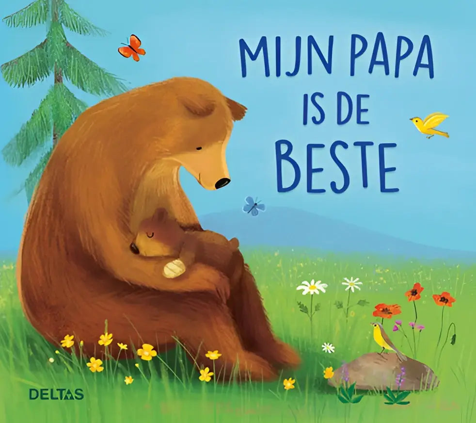 Een zachte bruine beer knuffelt liefdevol een kleiner welpje in mijn papa is de beste voor jonge lezers