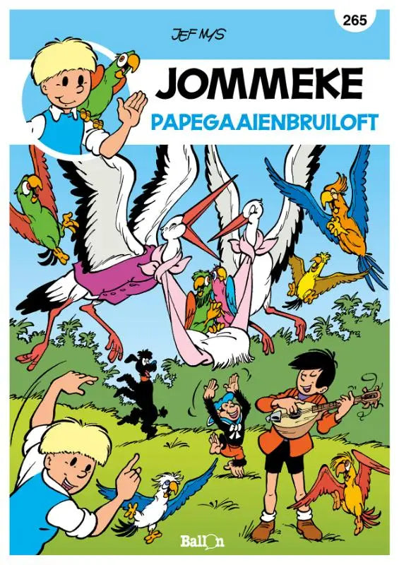 Cover van de jommeke comic papegaaienbruiloft door jef nys met kleurrijke strips algemeen illustraties en vogels