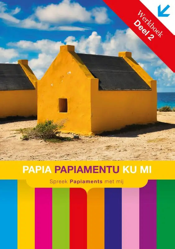 Helder gele geschilderde huis met zwart dak en klein vierkant raam in papia papiamentu spreek papiaments product