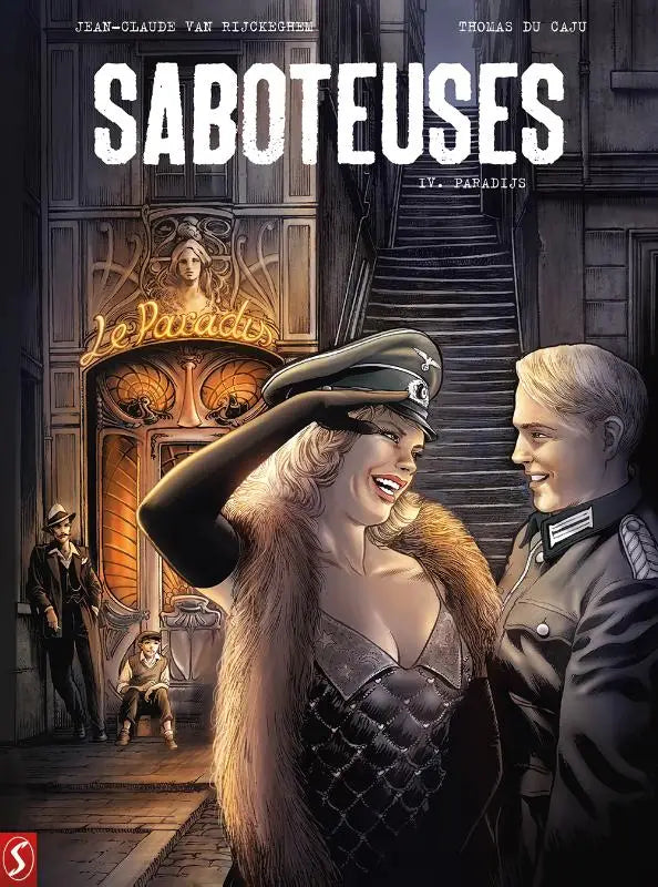 De cover van het stripboek saboteuses iv paradis toont een vrouw in een zwart korset met diamantenpatroon en militaire pet
